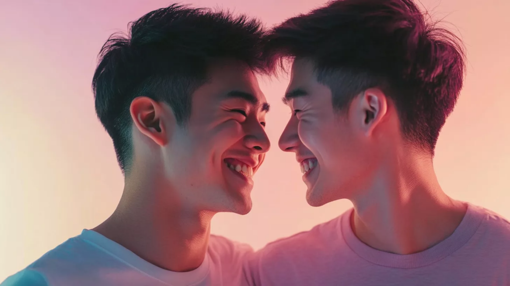 Gay Asian couple with pink background