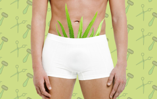 Man in white underwear, plants sticking out