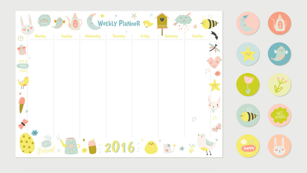 school supplies, wall calendar, weekly planner with spring theme