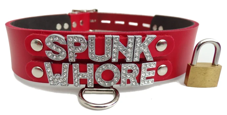 red bdsm collar with lock and degrading name customization
