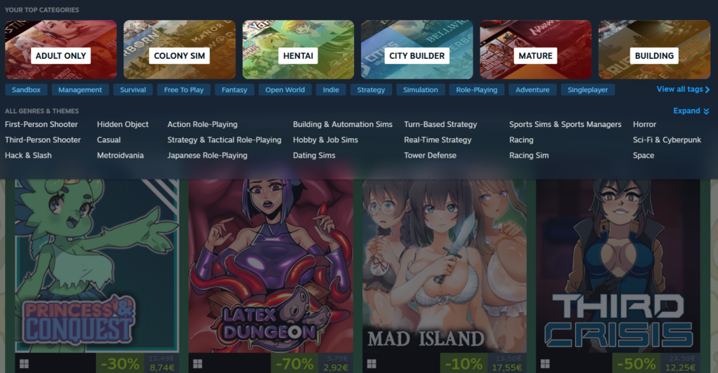 Steam adult game search page