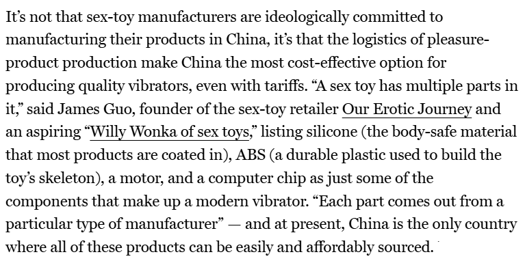 Quote from "The Cut" about prices and tariffs in relation to manufacturing sex toys in China