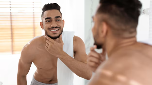Alt: Shirtless man looking in the mirror
