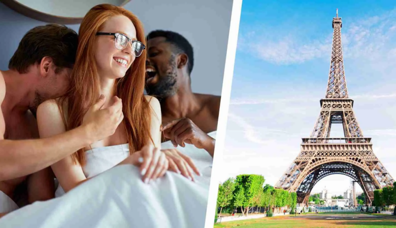 Three people laughing in bed alongside the Eiffel Tower symbolising the “Eiffel Tower” sex position