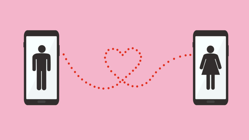 Illustration of two phones connected with dots and a heart, Creative Use of Teledildonics